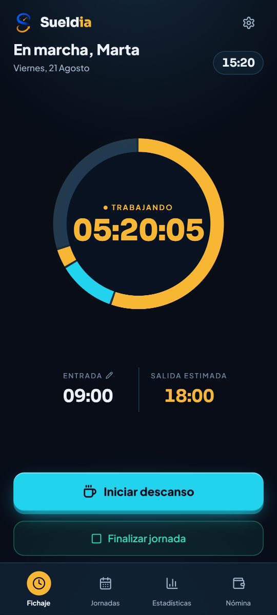 Pantalla de fichaje con el reloj de la jornada en curso