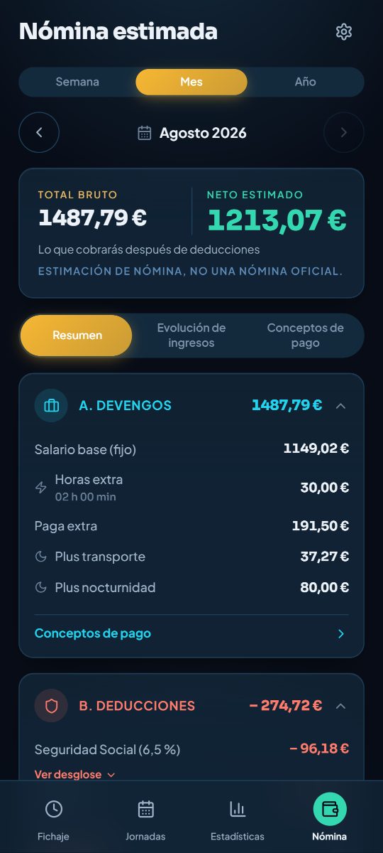 Nómina estimada con devengos y deducciones